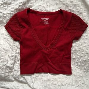 Garage Sonia Seamless Plunge Tee Deep Red V-Neck Crop Top